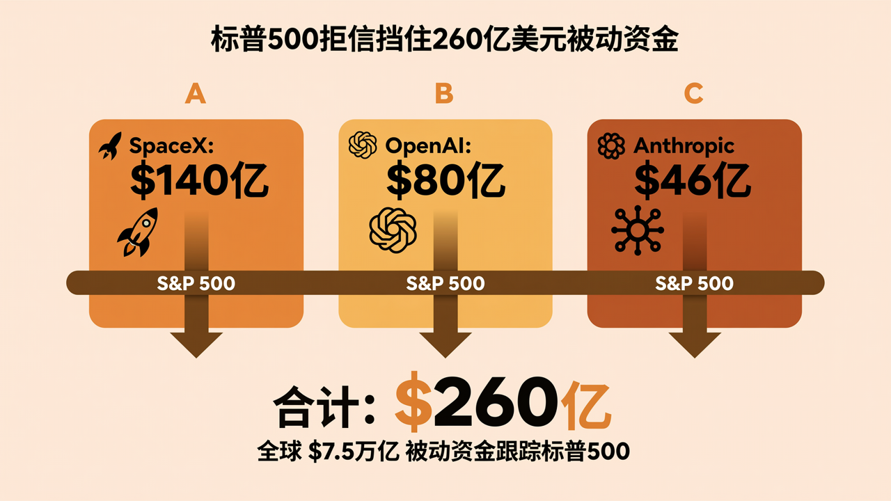 260亿美元被动资金流向 — SpaceX($140亿)、OpenAI($80亿)、Anthropic($46亿)