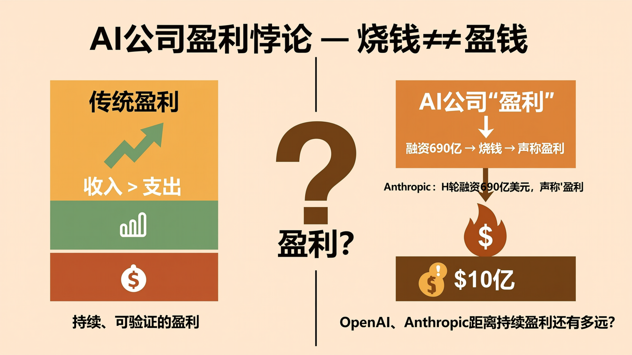 AI公司盈利悖论 — 传统盈利 vs AI公司烧钱式'盈利'